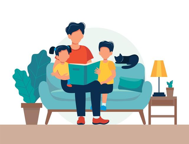 Papá leyendo para niños. Familia sentada en el sofá con libro vector