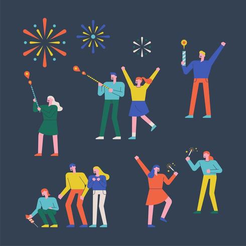 Fireworks People Characters Collection Set.  vector