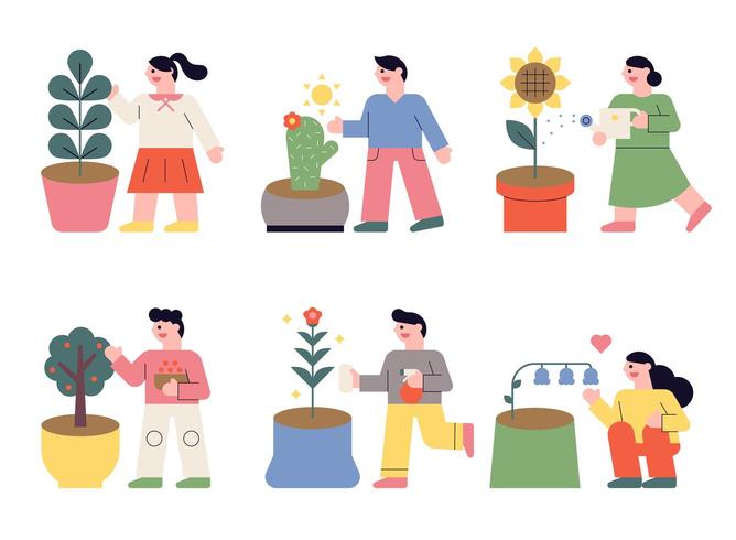 Personas plantando flores en macetas. vector