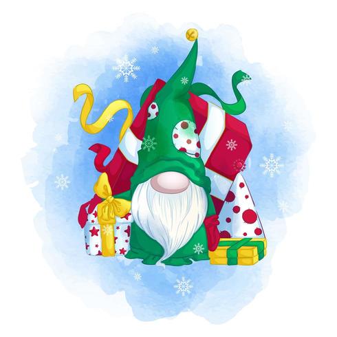 Funny gnome in a green hat with a Christmas tree and gifts vector