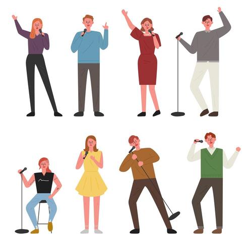 La gente está cantando en varias poses. vector