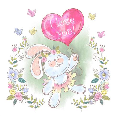 Cute Bunny with an i love you balloon in watercolor design vector
