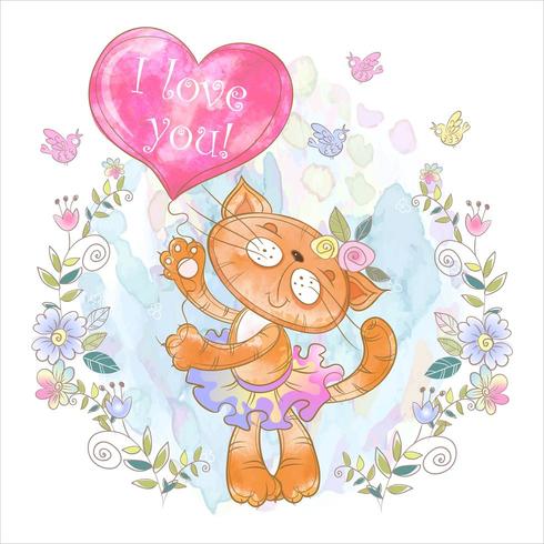 Lindo gatito con un globo en forma de corazón. te quiero. vector