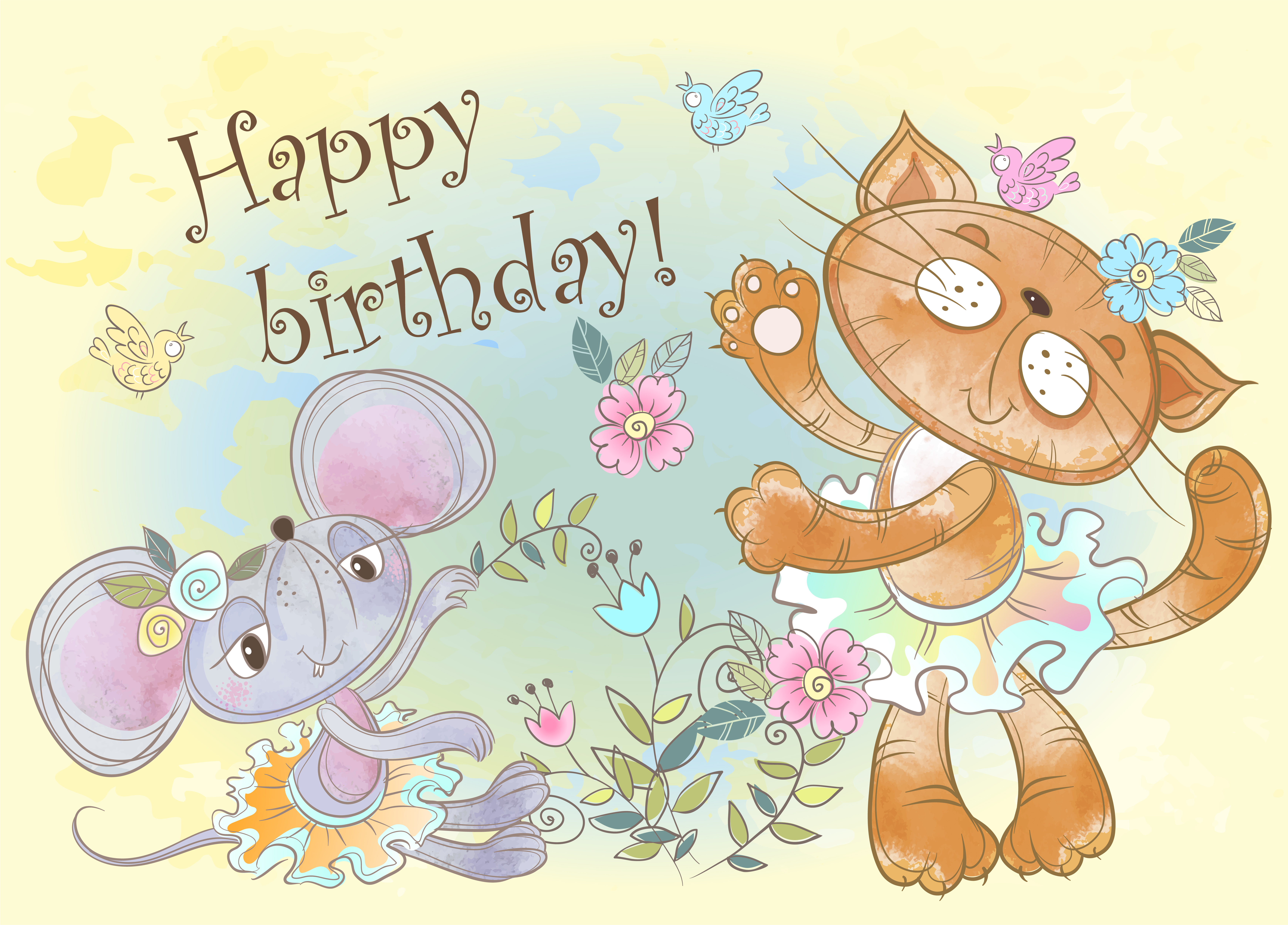 Birthday Card With Cute Cat And Mouse Friends In Watercolor 6713 Vector Art At Vecteezy