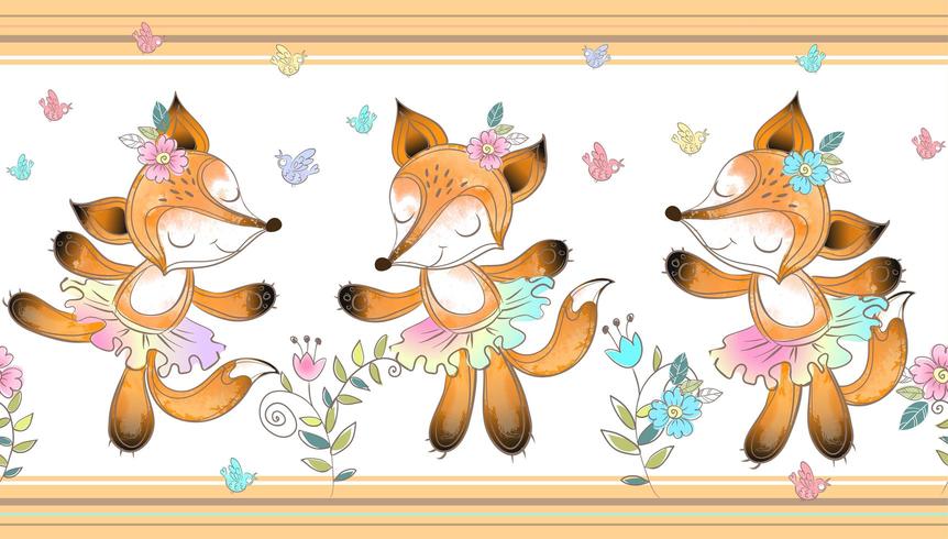 Seamless border. Foxes ballerina dancing in watercolor vector