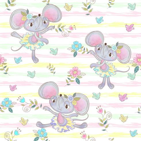 Seamless pattern. Funny mouse ballerinas dancing in the meadow. vector