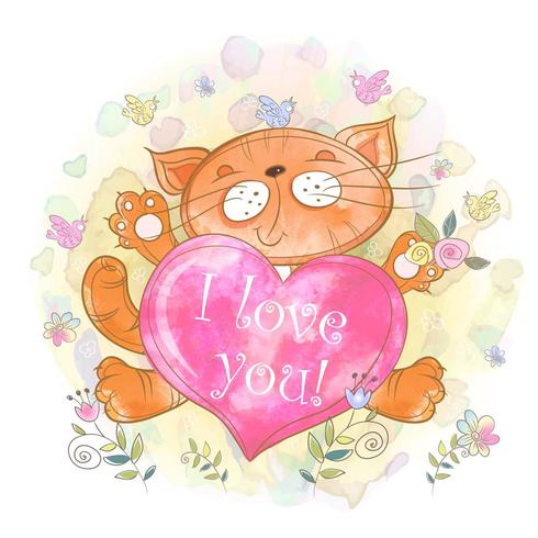 Lindo gatito con un corazón. te quiero. vector