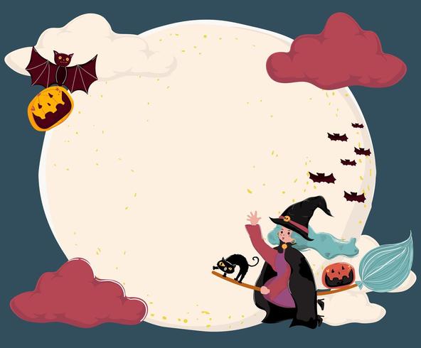 cute flat vector a witch ride a magic bloom, flying over the full moon with cat and bat