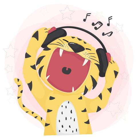 flat vector cute tiger open wild mouth listening to music and singing 