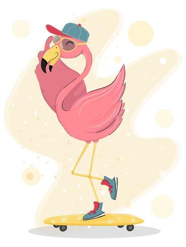 cute happy pink flamingo wear cap and sun glasses skateboarding, character flat element vector