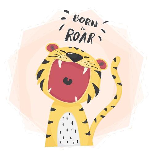 flat vector cute tiger open mouth roar, born to roar 