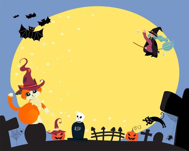 vector plano lindo feliz halloween una bruja montar una floración mágica, volando sobre la luna llena con espacio de copia de gato y murciélago