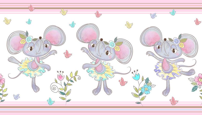 Seamless border. Fun little mice are dancing. vector