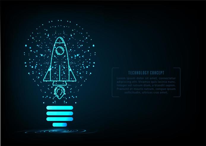 start up concept with rocket in particle light bulb vector