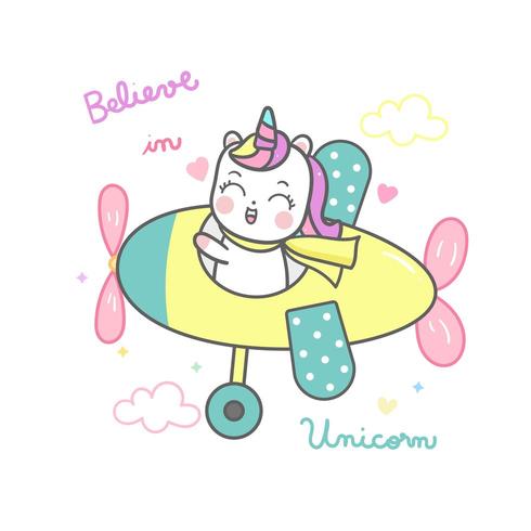 Cute Unicorn Cartoon, Happy Pony Cartoon Kawaii Animal Flying Plane Sé un piloto. vector