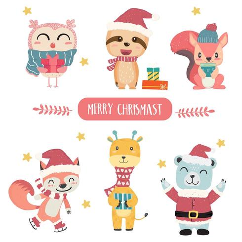 Lindo animal pastel feliz en la colección de tema Feliz Navidad plana vector