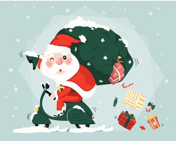 Santa clause ride scooter delivery present boxes  christmas cute flat vector