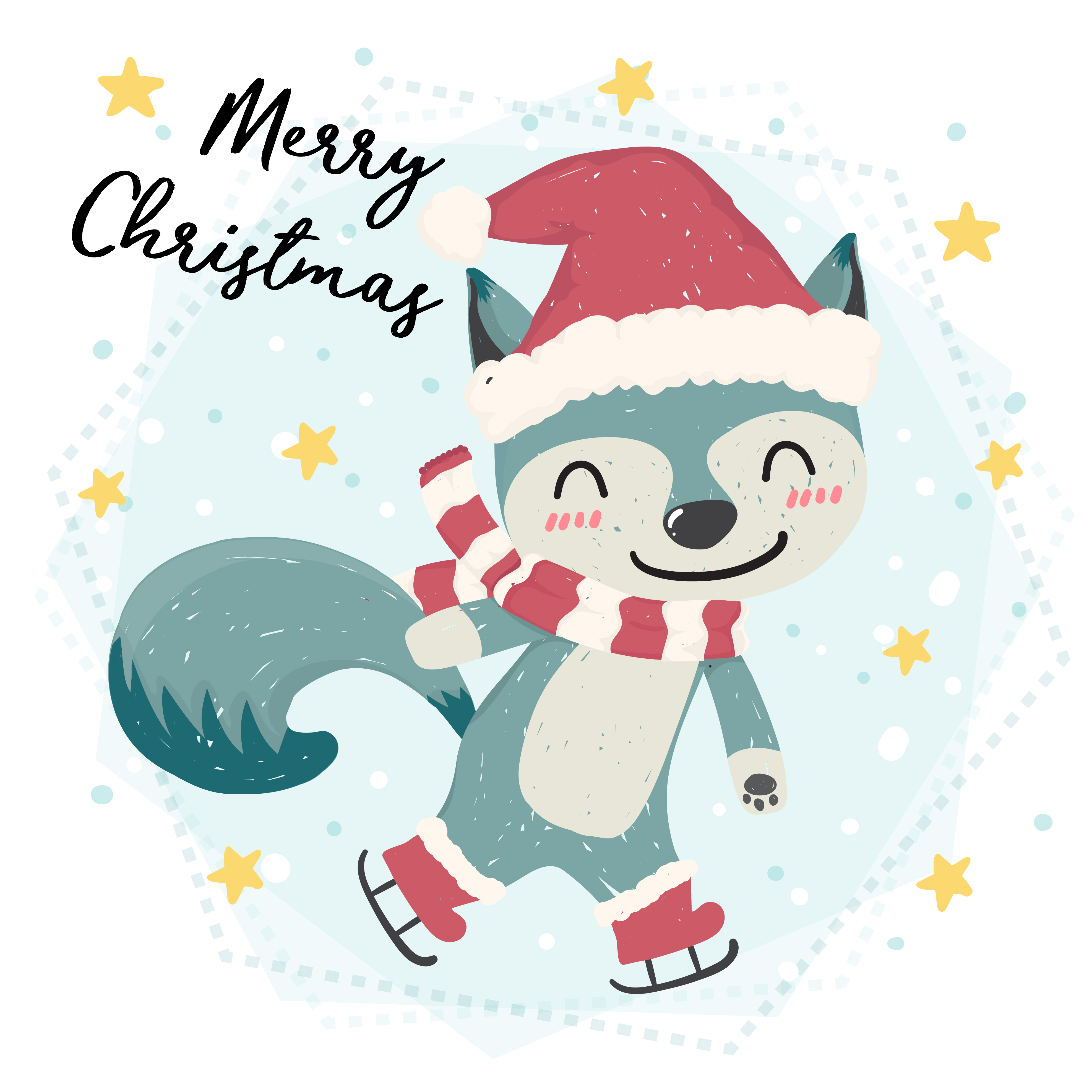 cute happy blue wild animal fox skating in snow, merry