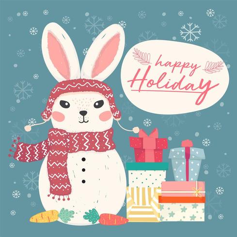 cute flat vector bunny snowman with pile of gift boxes and snowflake falling, idea for card and banner