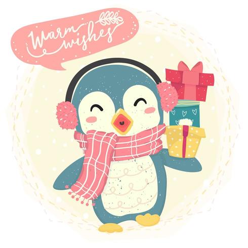 lindo pingüino feliz azul usar bufanda y traer caja de regalo, traje de invierno, felices deseos cálidos vector