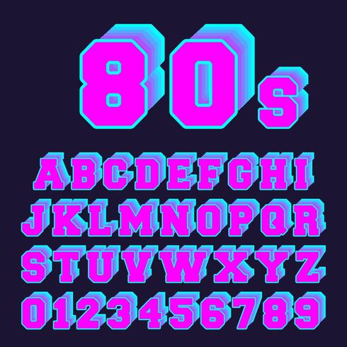 80s alphabet font design. Set of letters and numbers old video game style vector