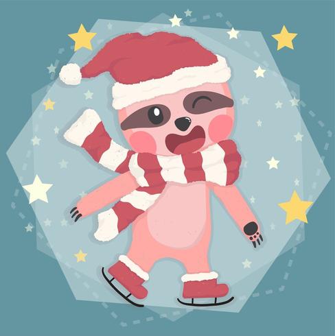 cute happy sloth in winter costume christmas skating vector