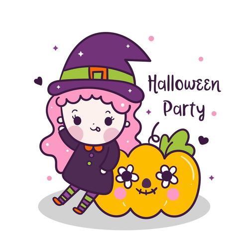 Kawaii Halloween girl con dibujos animados de calabaza, Pretty Kids Trick or treat para vacaciones, Disfraces vector