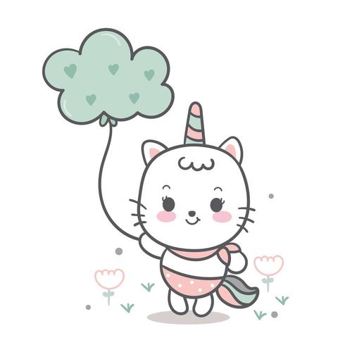 Cute Unicorn cat, sweet pony cartoon holding cloud, fairy animal vector