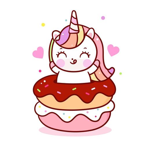 Cute unicorn donut dulce cupcake cartoon, muffin de comida Kawaii vector