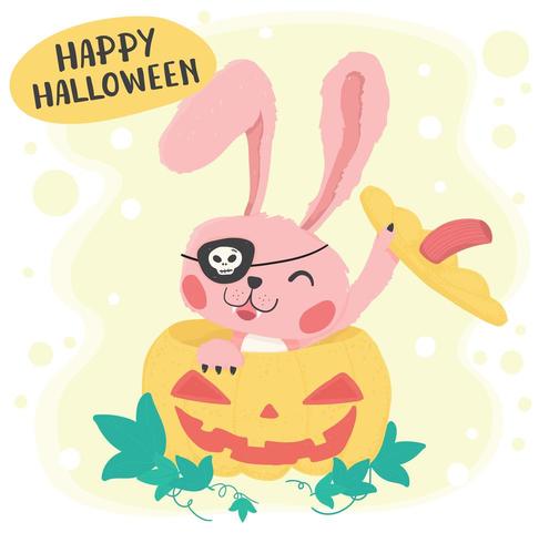 Cute pink happy bunny rabbit in yellow pumpkin vector
