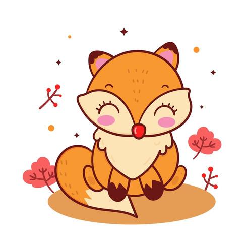 Cute fox Kawaii animal cartoon, autumn woodland forest characters vector
