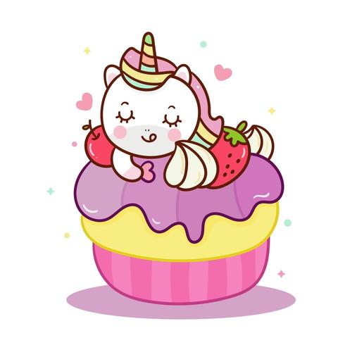 Cute dibujos animados de unicornio dulce cupcake, niño de pony de hadas vector