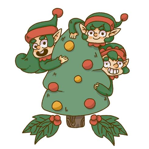 Christmas elf hiding behind christmas tree vector