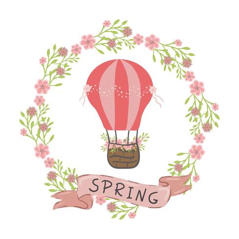 Poster with pink hot air balloon with ribbon with the inscription spring vector