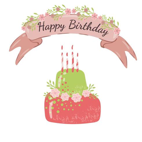 Happy Birthday Card with cute pink green cake.  vector