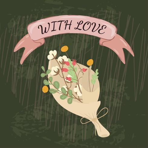Bouquet of flowers in craft paper and ribbon with inscription with love.  vector