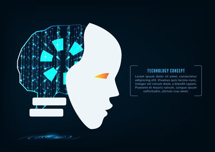 Artificial intelligence. Head of the robot with binary code behind vector