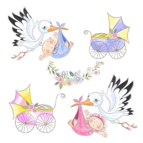 Set of illustrations. Stork with baby. Baby carriage . Baby shower.  vector