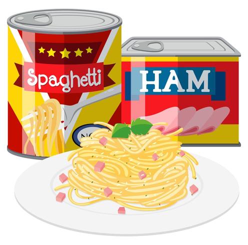 Spaghetti and ham in canned food vector