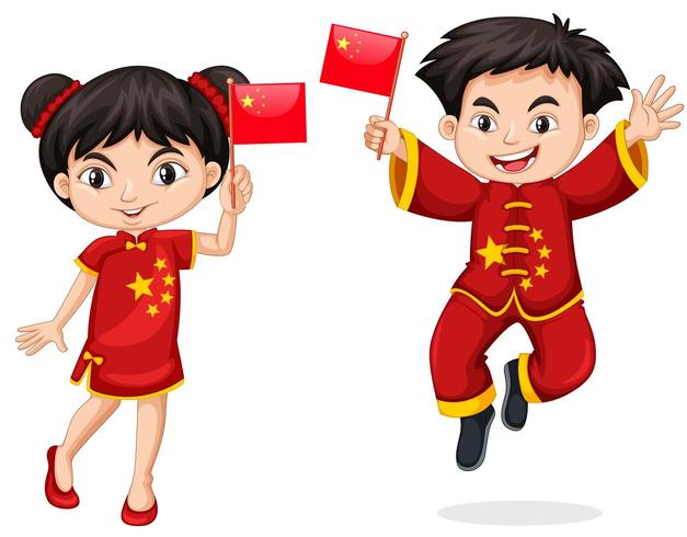 Chinese kids holding flag vector