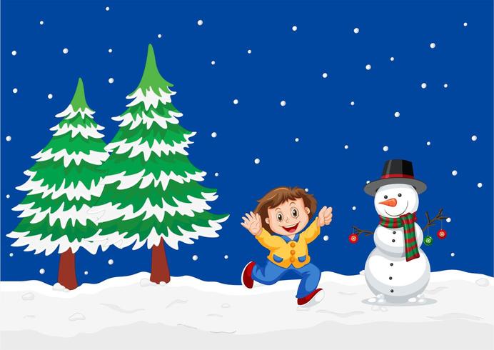 A winter outdoor landscape with boy and snowman vector