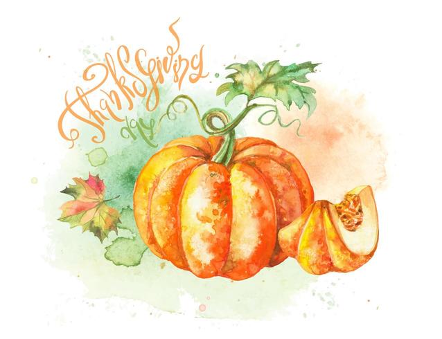 Thanksgiving day. Watercolor postcard with pumpkin vector