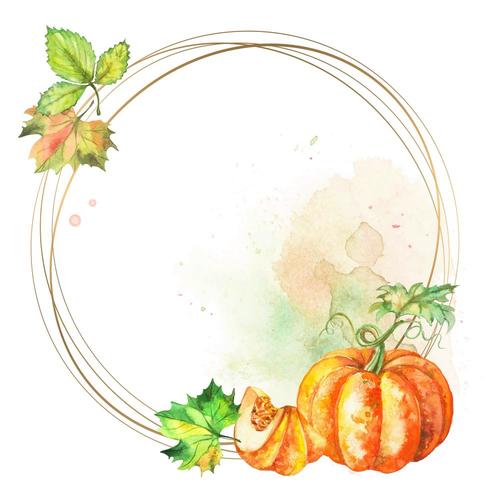Round gold frame with watercolor pumpkin and leaves vector