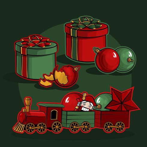 Set de navidad. Cajas de regalo, bolas navideñas y un tren de juguete con Cascanueces vector