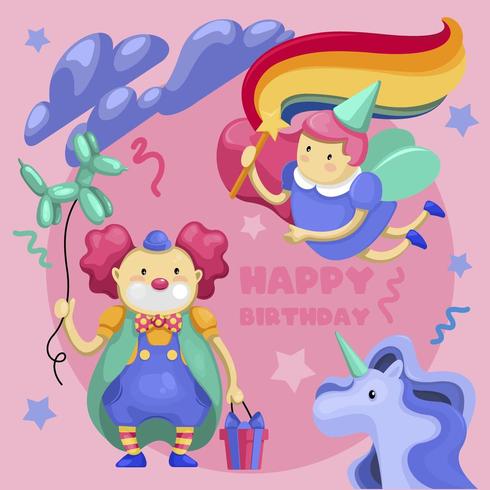 Feliz cumpleaños conjunto Hada, payaso con globo-perro y unicornio vector