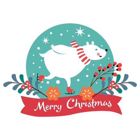 Tarjeta de navidad con oso polar patinando vector