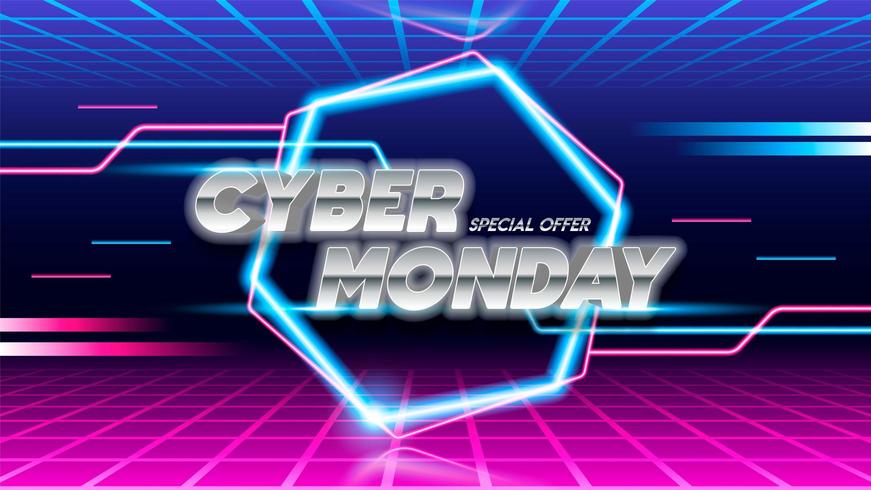 Cyber Monday sale poster design on blue and pink background. vector