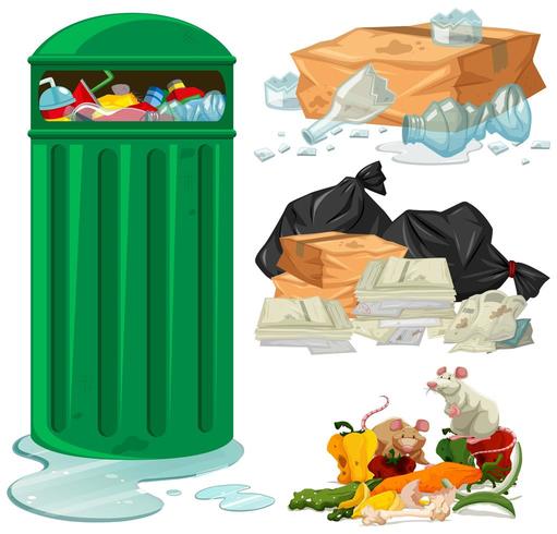 Papelera y diferentes tipos de basura vector