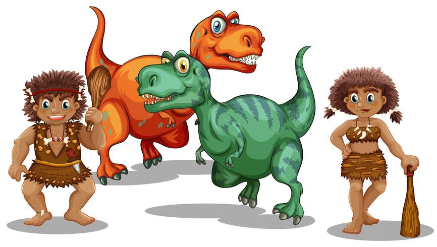 Dinosaurs and cave people vector