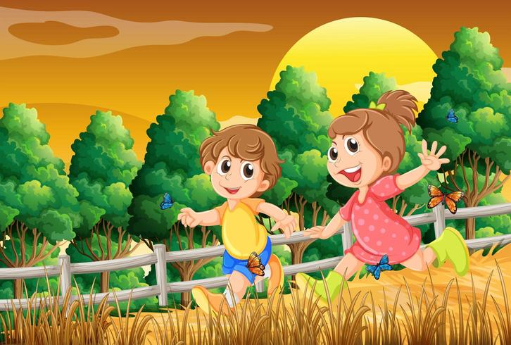 Kids playing in the forest near the wooden fence vector